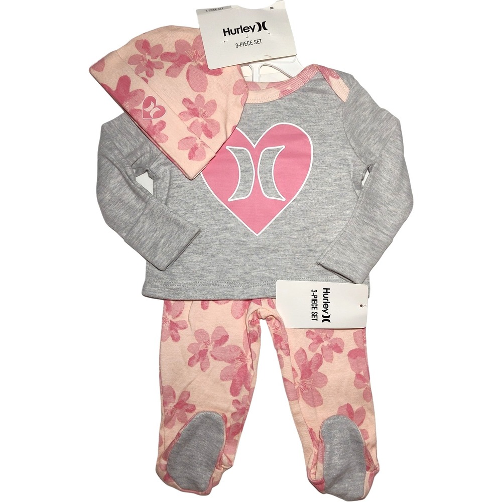Hurley Baby Girl Newborn 3pc Outfit‎ Set Pink Gray Floral Heart Pants Shirt NWT